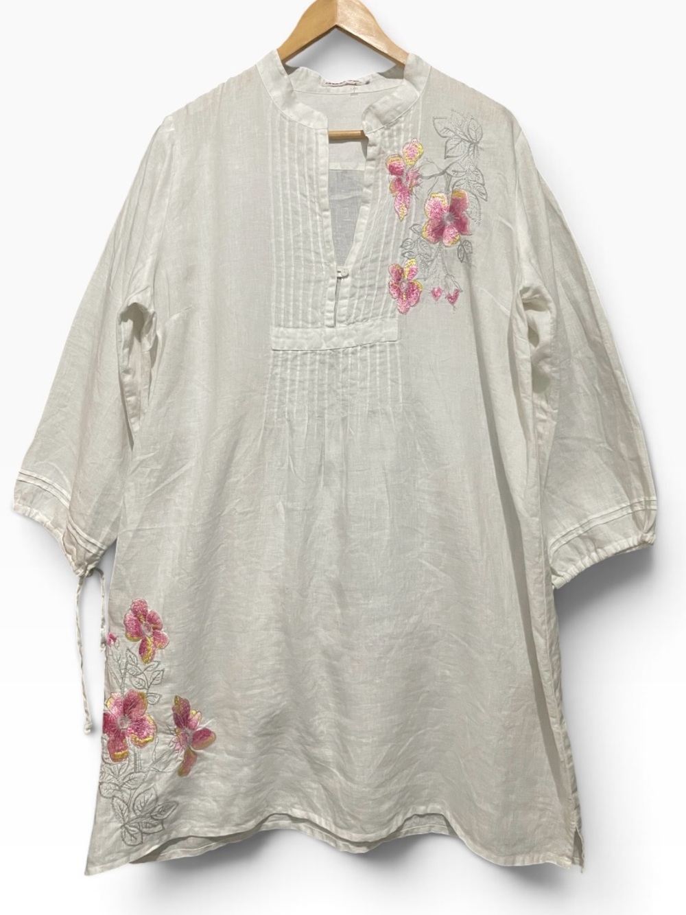 Vintage Johnny Was 100% Linen Embroidered Tunic Dress White Pink Floral Boho L